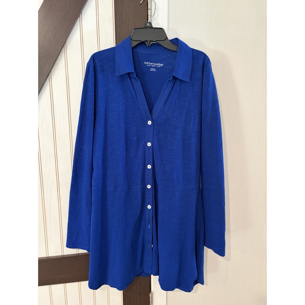 Soft Surroundings Blue Button Up Long Sleeve Cotton Tunic Top Size Medium